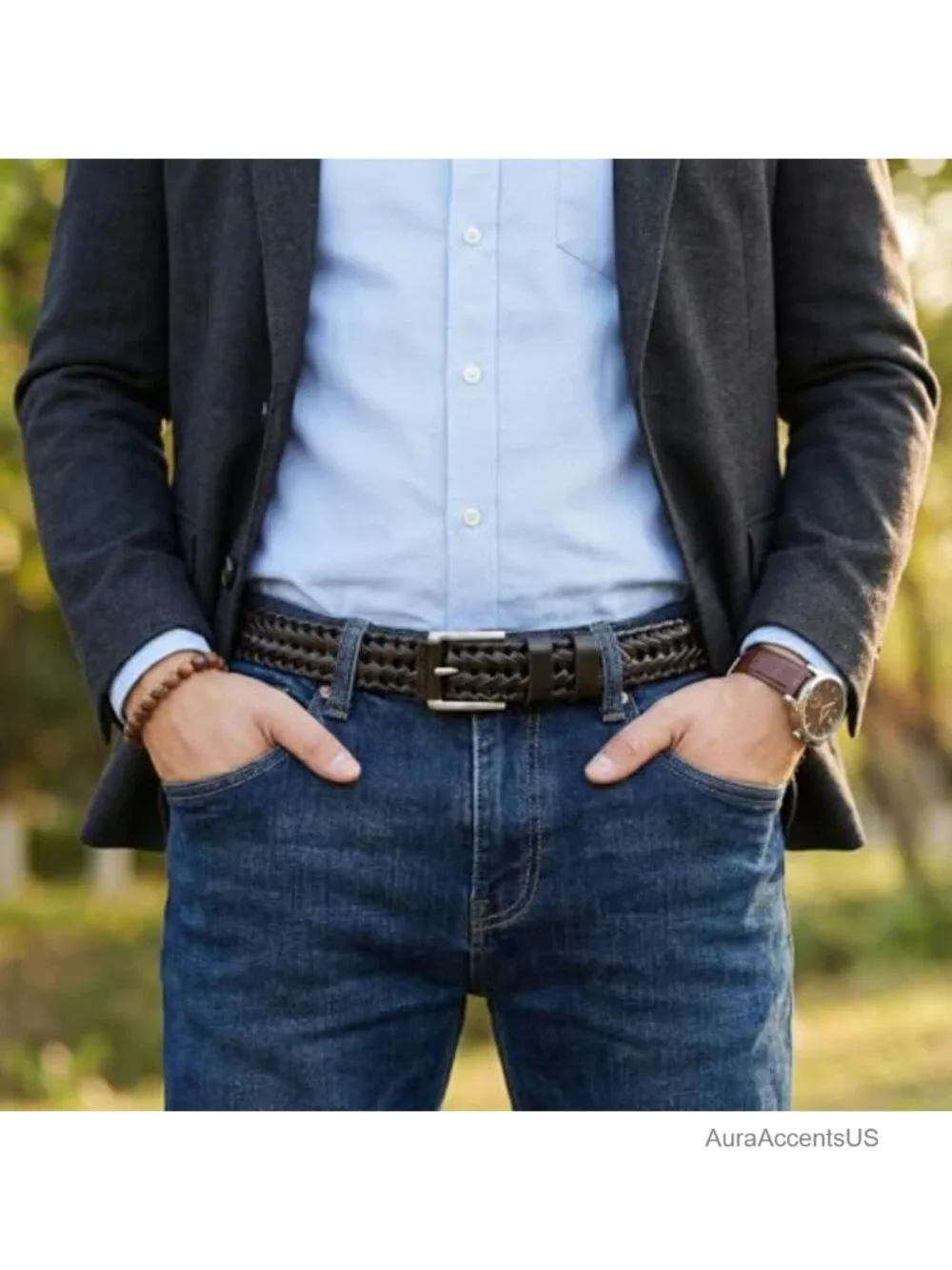 2 Pack Leather Braided Belts for Men Adjustable PU Leather Woven Belts